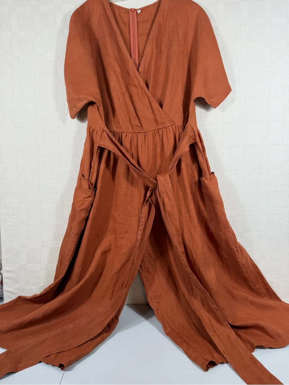 Linen Wide-Leg Women Jumpsuit Large Brown VNeck Short Sleeve Belted Pockets - Picture 2 of 8
